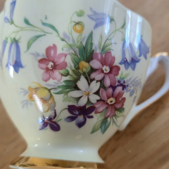 Queen Anne Yellow Bluebell Wildflower Bone China Tea Cup Saucer Gold Gilt Duo UK - Picture 6 of 11